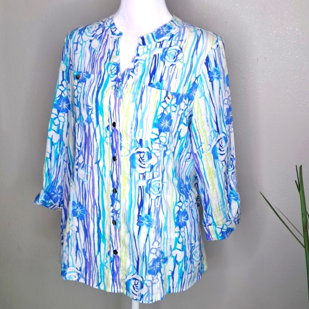 Coral Bay Linen Rayon Top Floral Tropical Button-up Petite M